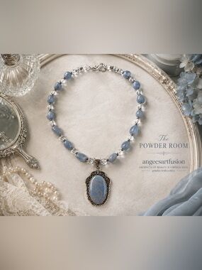 “The Powder Room”-Angelite Gemstone & Glass Statement Necklace